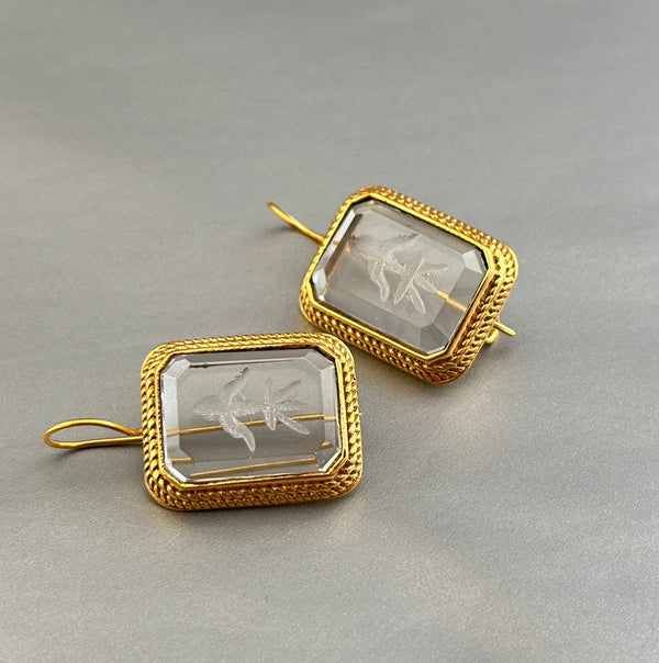 Intaglio Crystal Earrings, Victorian Art Deco Style, Gold