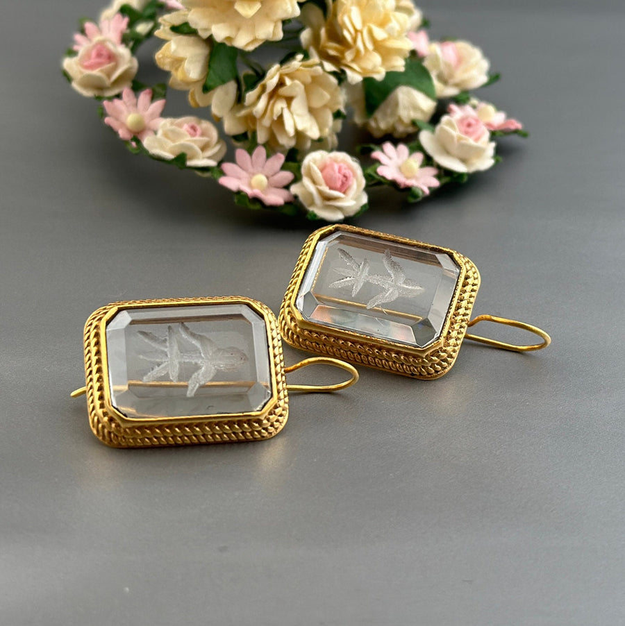Intaglio Crystal Earrings, Victorian Art Deco Style, Gold, photo 2