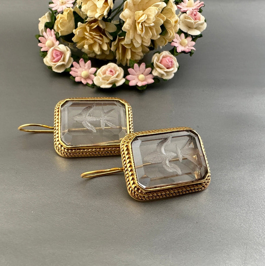 Intaglio Crystal Earrings, Victorian Art Deco Style, Gold, photo 5