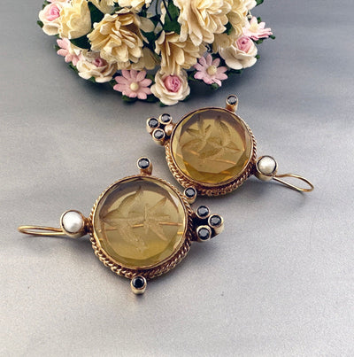 Yellow Intaglio Glass Earrings, Bridal Pearl Accent, Brass