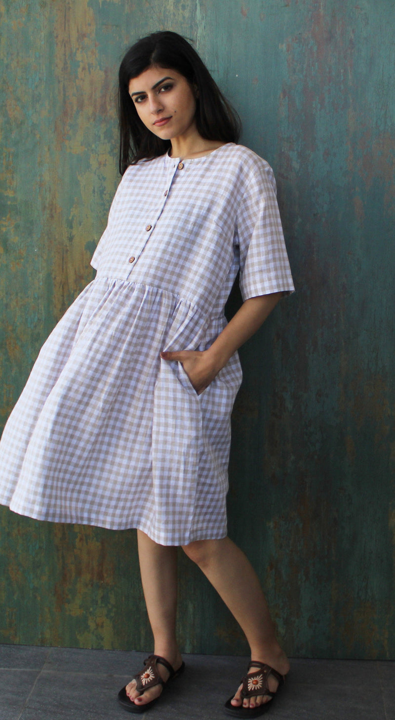 Smocked Linen Midi Dress: Boho Short Sleeve Flax Dress, Casual Summer Outfit, loose fitting Dress, Dress with pockets