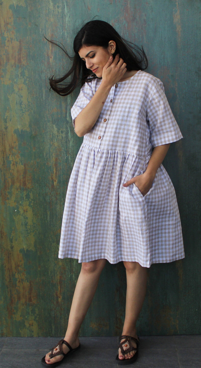 Smocked Linen Midi Dress: Boho Short Sleeve Flax Dress, Casual Summer Outfit, loose fitting Dress, Dress with pockets