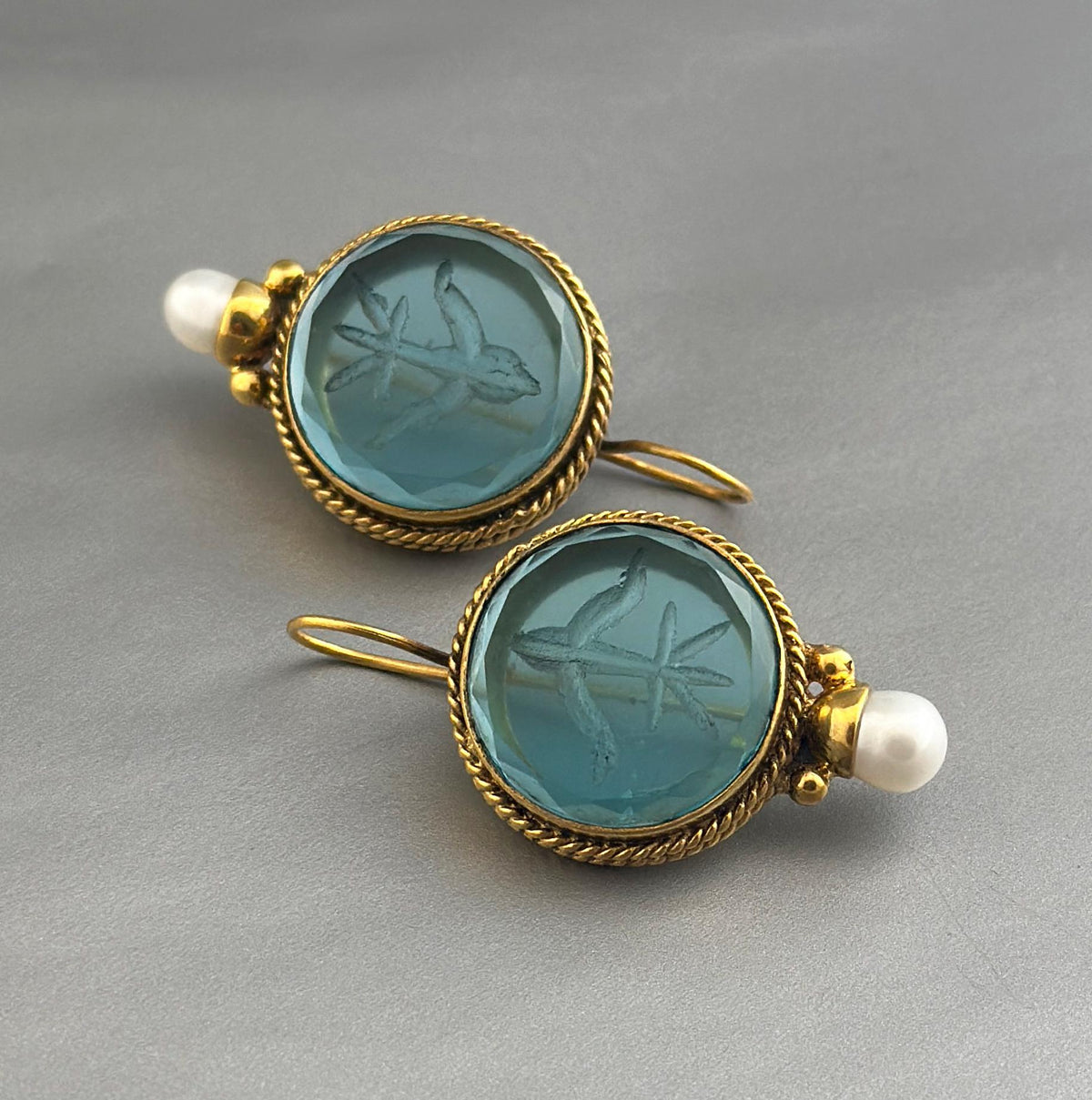 Blue Glass Intaglio Earrings, Victorian Bridal Pearl Drops, photo 4