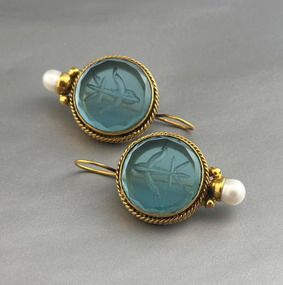 Blue Glass Intaglio Earrings, Victorian Bridal Pearl Drops, photo 4