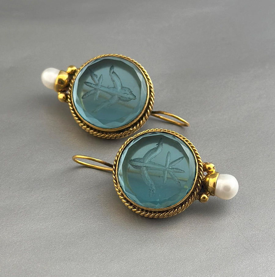 Blue Glass Intaglio Earrings, Victorian Bridal Pearl Drops, photo 4