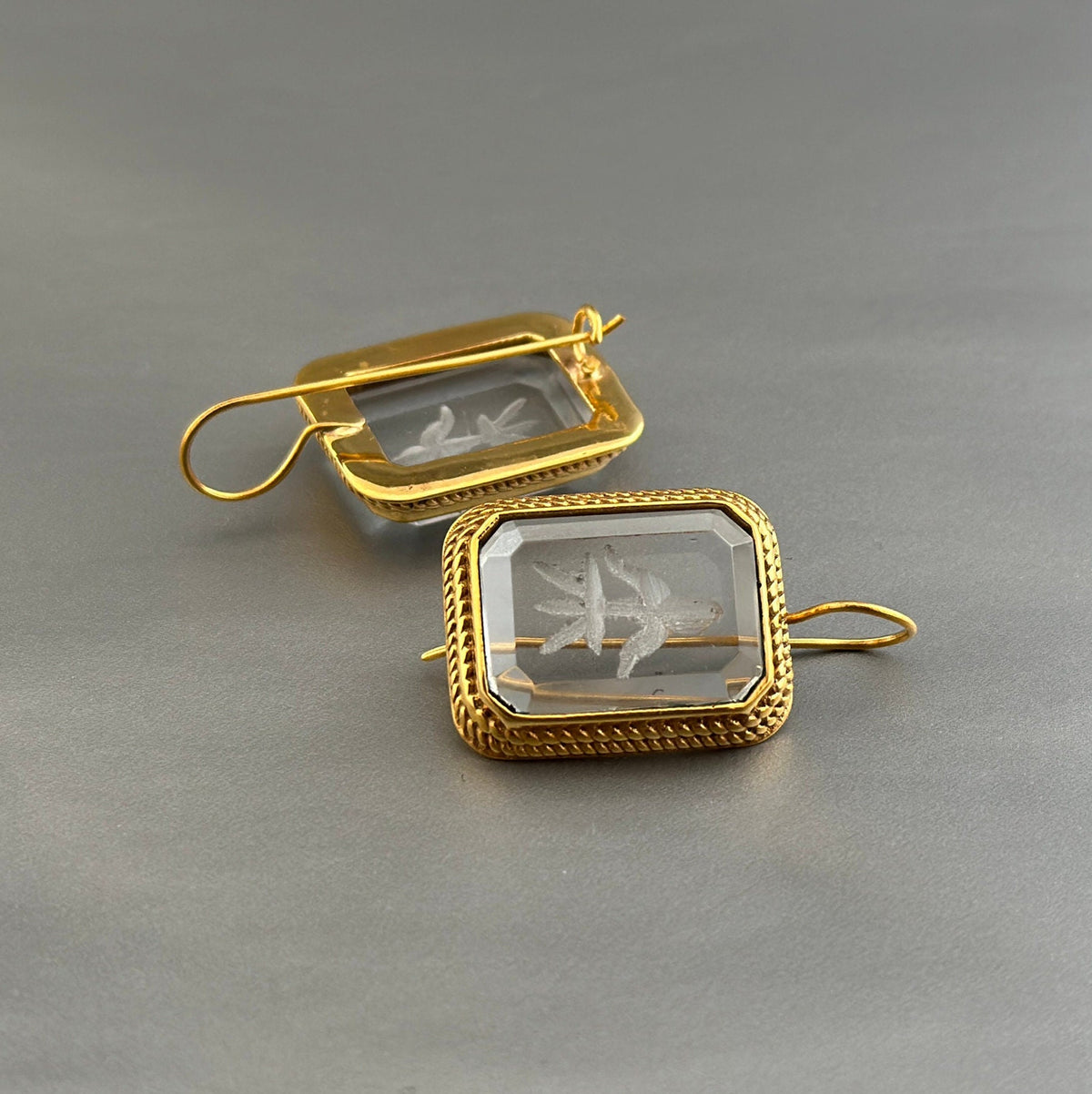 Intaglio Crystal Earrings, Victorian Art Deco Style, Gold, photo 4
