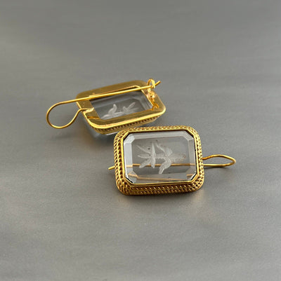 Intaglio Crystal Earrings, Victorian Art Deco Style, Gold, photo 4