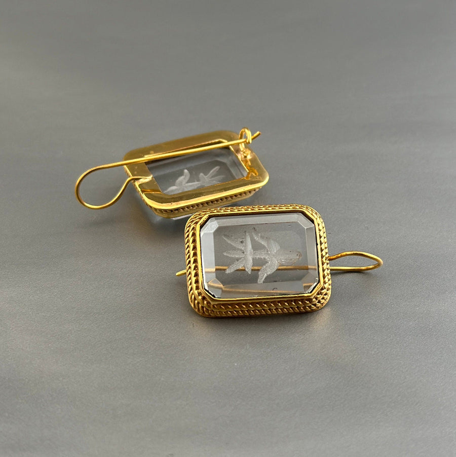 Intaglio Crystal Earrings, Victorian Art Deco Style, Gold, photo 4