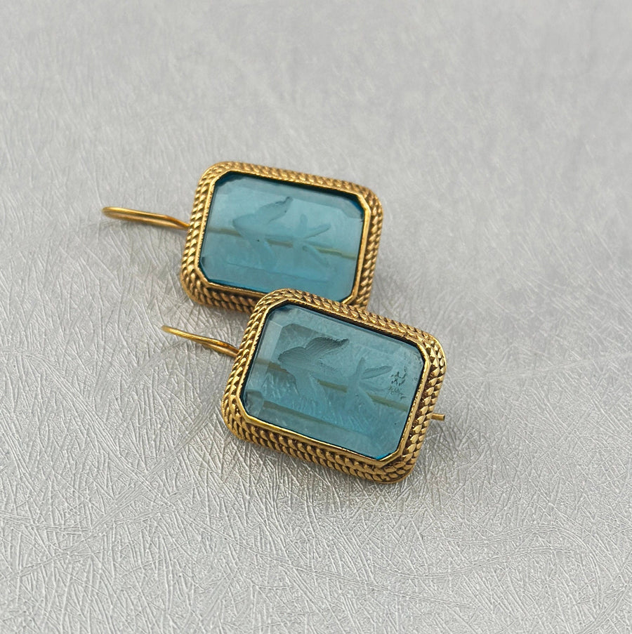 Blue Glass Intaglio Earrings, Greek Roman Victorian Style, 14K Gold