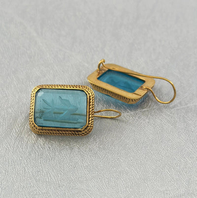Blue Glass Intaglio Earrings, Greek Roman Victorian Style, 14K Gold, photo 4