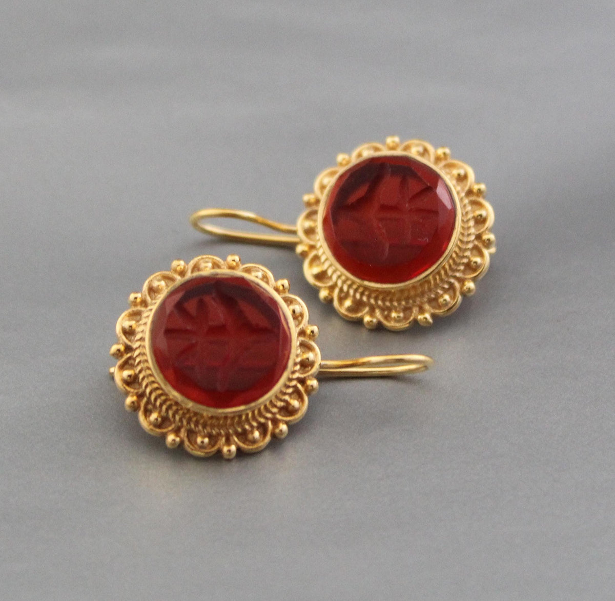 Red Glass Intaglio Earrings, Dainty Victorian Gold, Polished Finish, photo 4