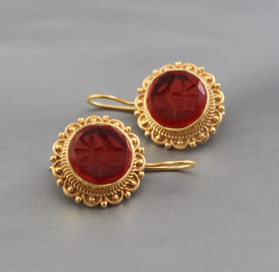 Red Glass Intaglio Earrings, Dainty Victorian Gold, Polished Finish, photo 4