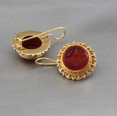 Red Glass Intaglio Earrings, Dainty Victorian Gold, Polished Finish