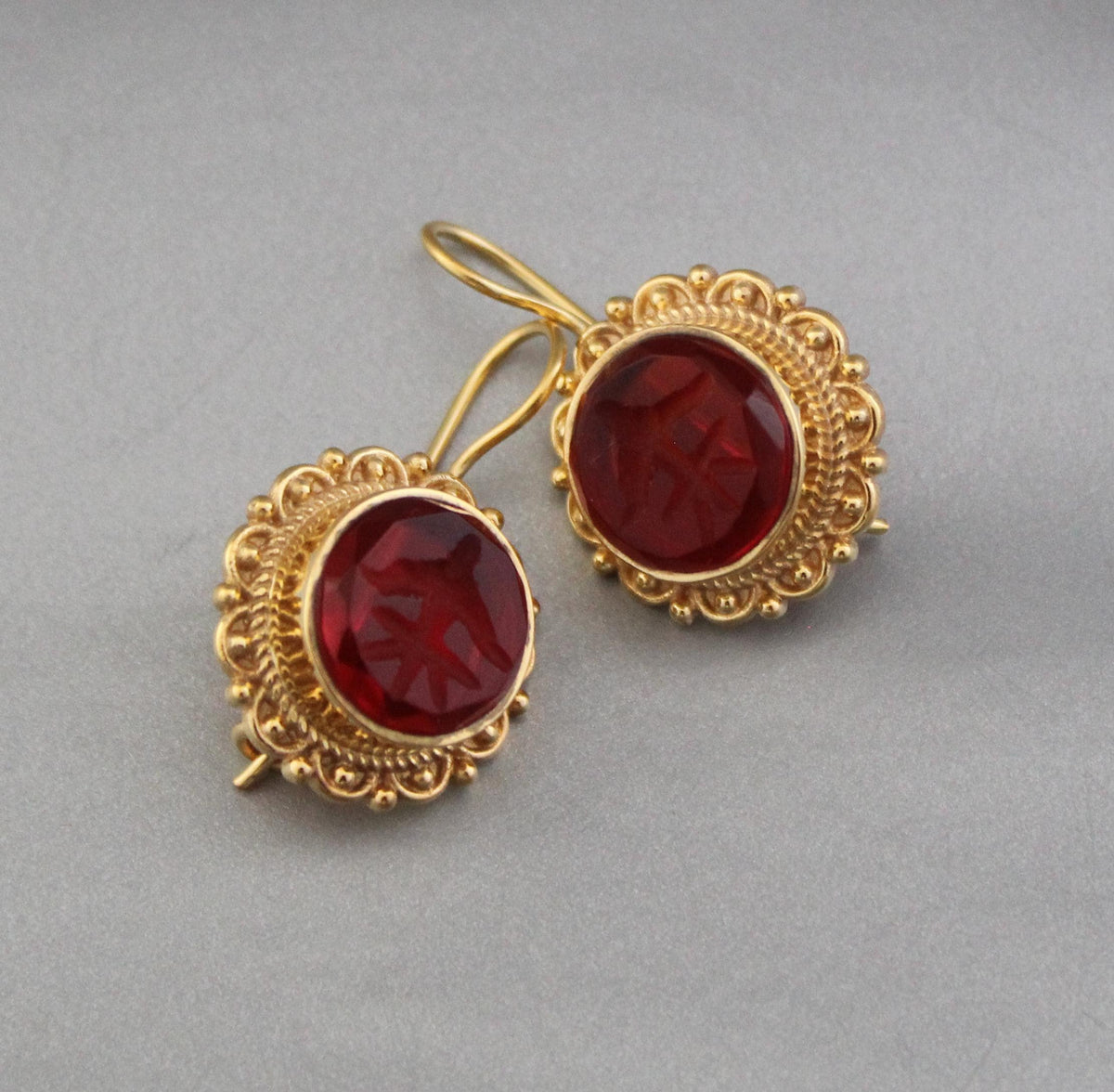 Red Glass Intaglio Earrings, Dainty Victorian Gold, Polished Finish, photo 7