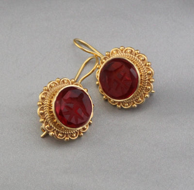 Red Glass Intaglio Earrings, Dainty Victorian Gold, Polished Finish, photo 7
