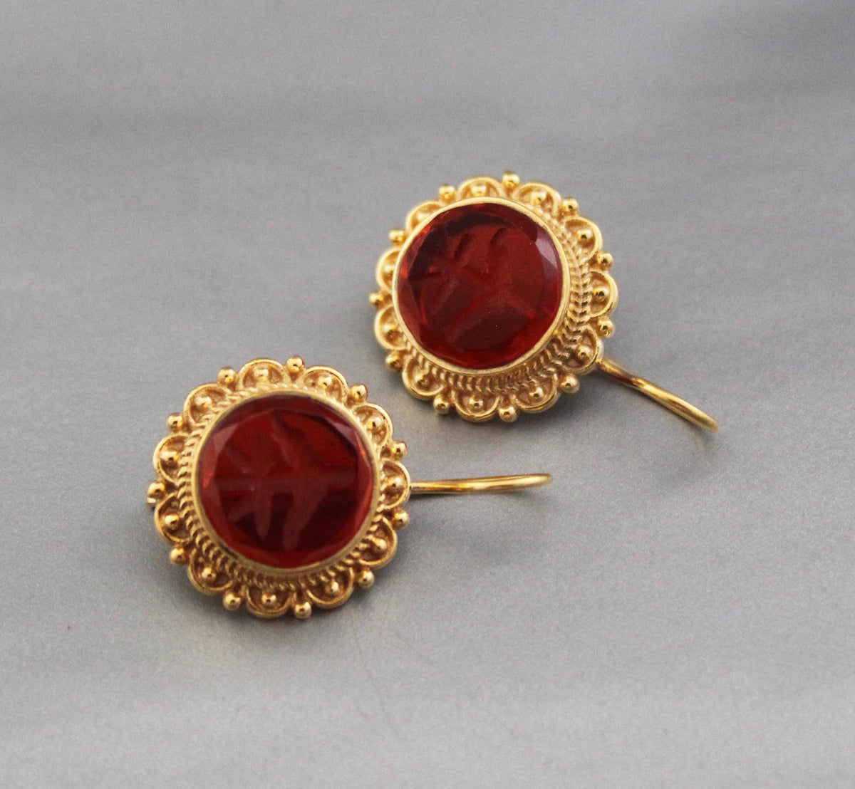 Red Glass Intaglio Earrings, Dainty Victorian Gold, Polished Finish, photo 9