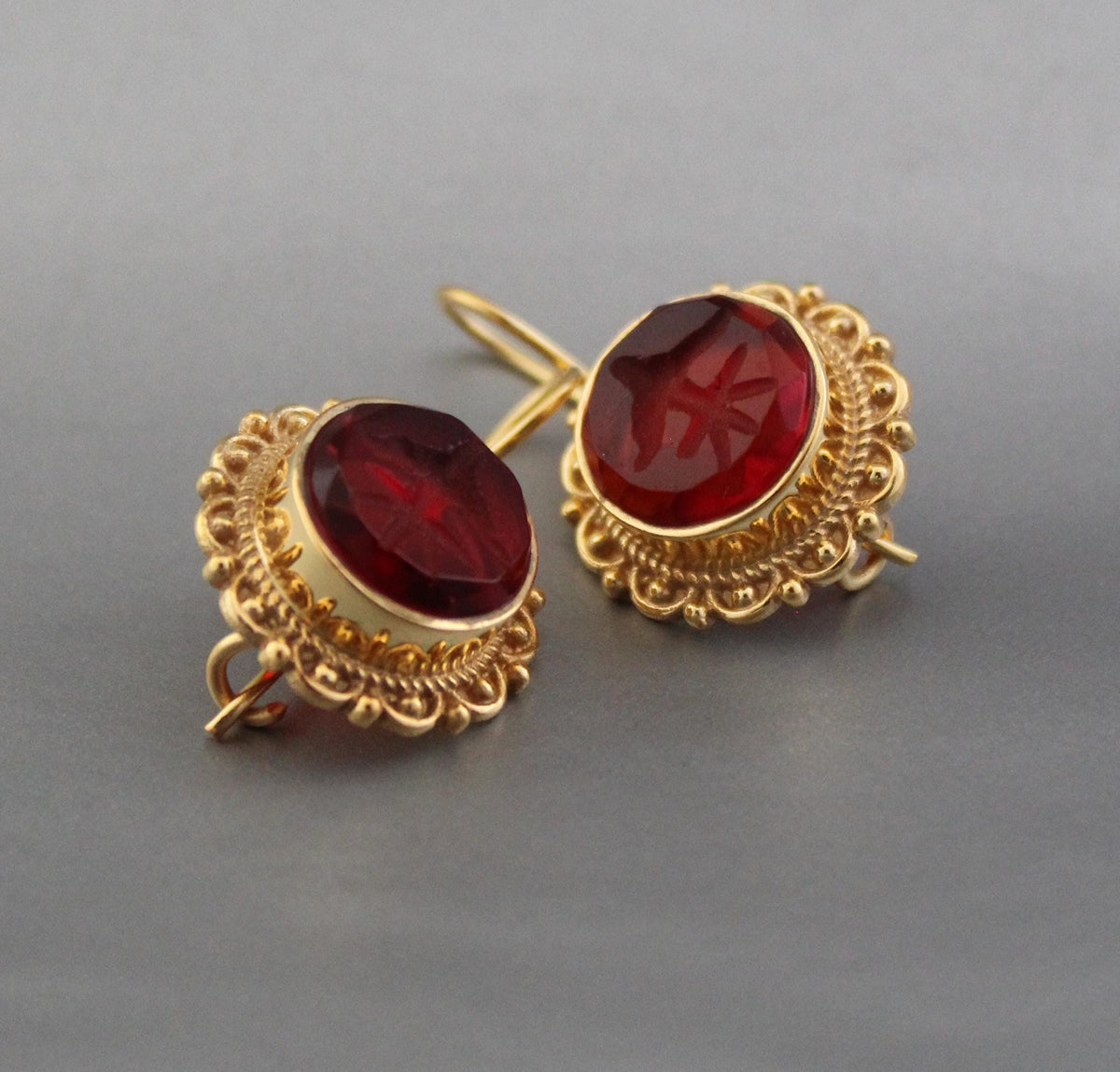 Red Glass Intaglio Earrings, Dainty Victorian Gold, Polished Finish, photo 8