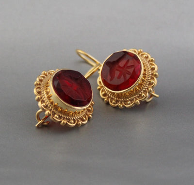Red Glass Intaglio Earrings, Dainty Victorian Gold, Polished Finish, photo 8
