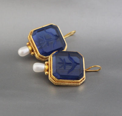 Indigo Blue Intaglio Earrings, Antique Victorian Style, Gold, photo 8