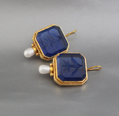 Indigo Blue Intaglio Earrings, Antique Victorian Style, Gold, photo 4