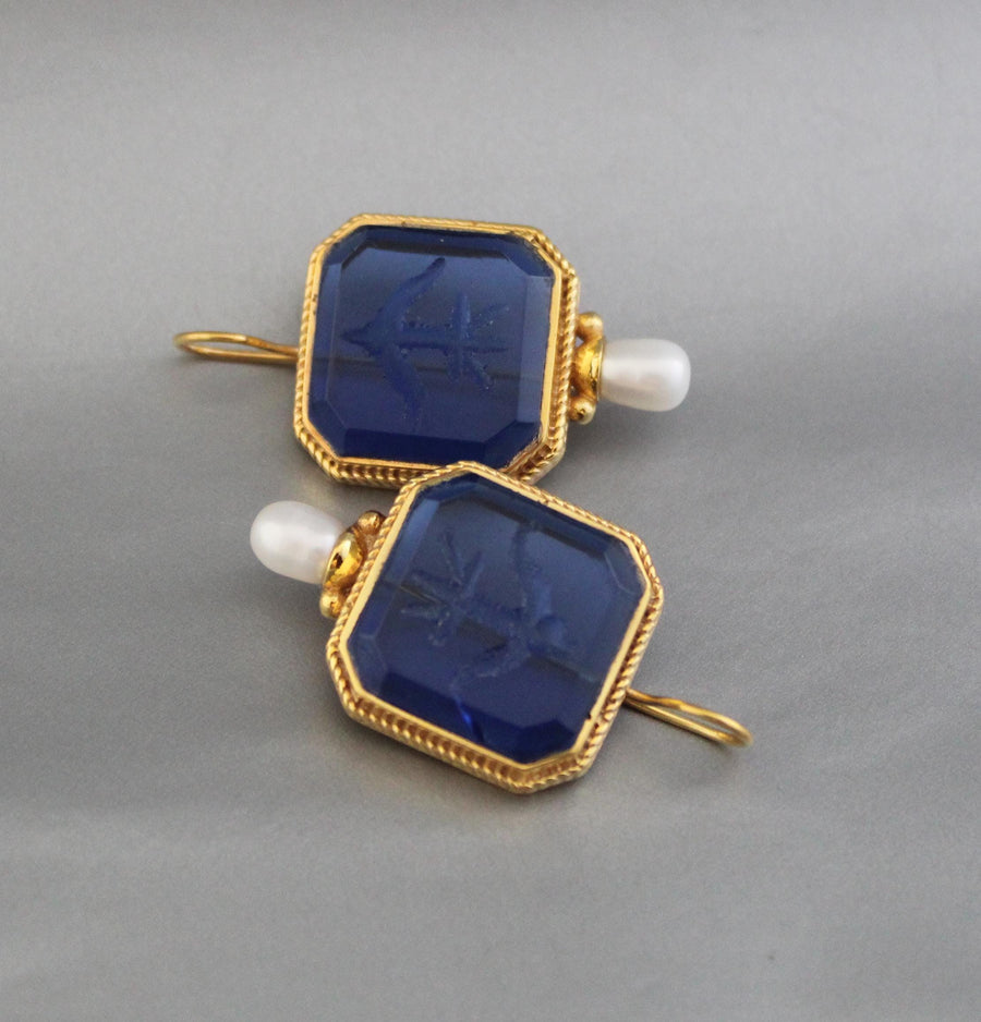 Indigo Blue Intaglio Earrings, Antique Victorian Style, Gold, photo 6