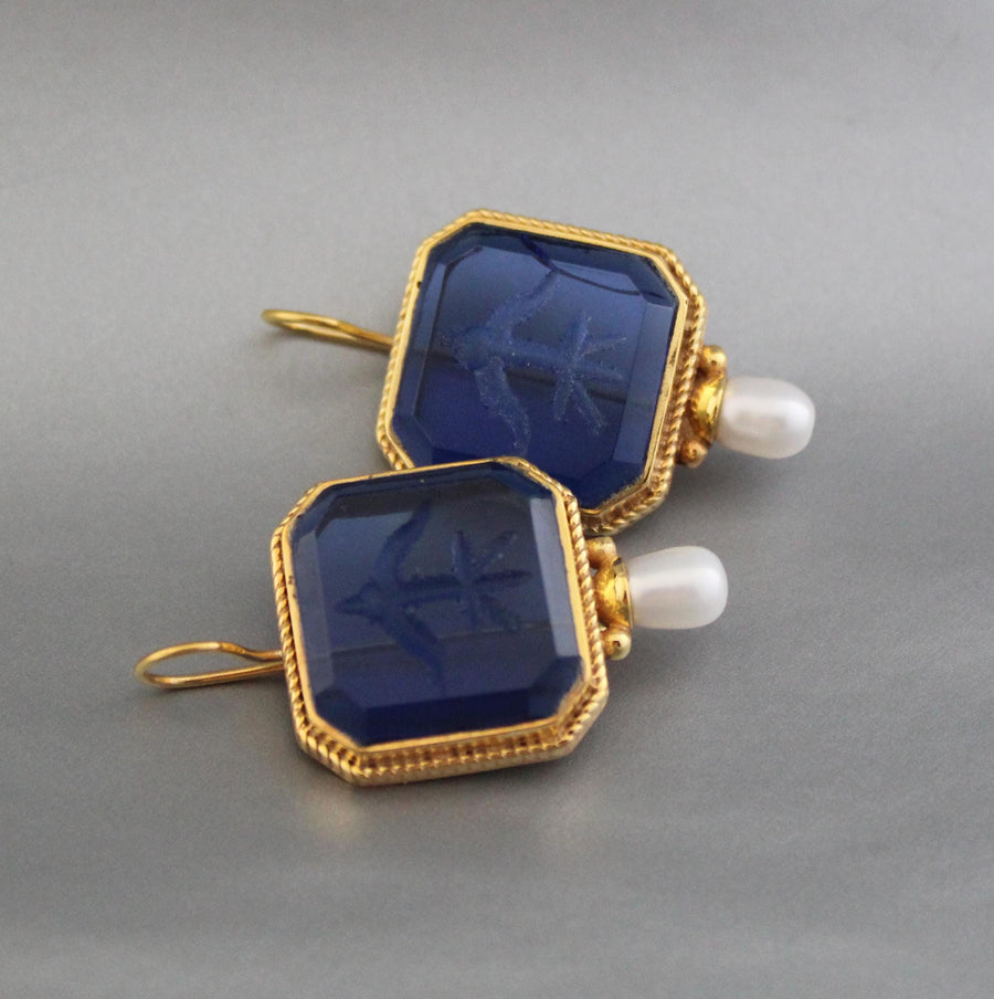 Indigo Blue Intaglio Earrings, Antique Victorian Style, Gold, photo 2