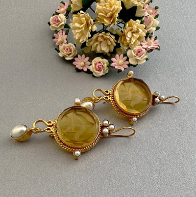 Fleur-de-lis Intaglio Earrings, Victorian Style, 14K Gold, photo 2