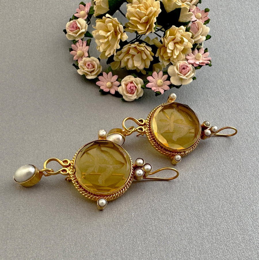 Fleur-de-lis Intaglio Earrings, Victorian Style, 14K Gold, photo 2