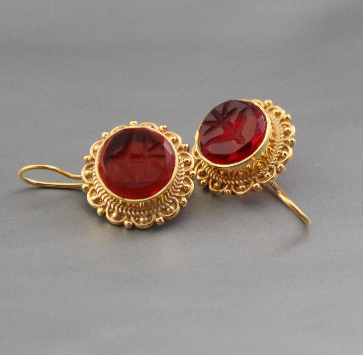 Red Glass Intaglio Earrings, Dainty Victorian Gold, Polished Finish, photo 6