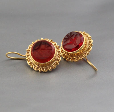 Red Glass Intaglio Earrings, Dainty Victorian Gold, Polished Finish, photo 6