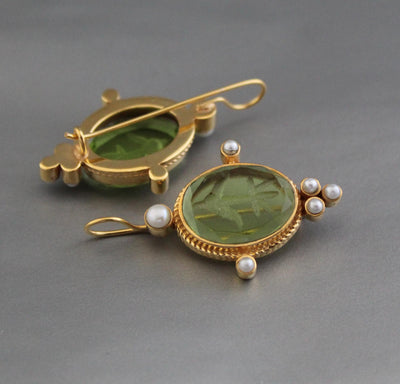 Green Intaglio Earrings, Victorian Style, Dainty Gold, photo 6