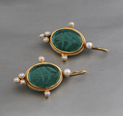 Green Glass Intaglio Earrings, Victorian Style Drops, Gold Vermeil, photo 6