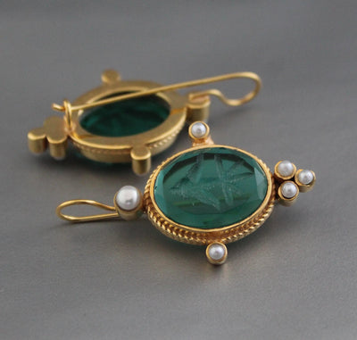 Green Glass Intaglio Earrings, Victorian Style Drops, Gold Vermeil, photo 8