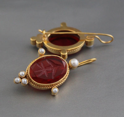 Red Intaglio Crystal Earrings, Art Deco Style, 18K Gold Vermeil, photo 2