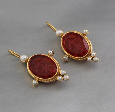 Red Intaglio Crystal Earrings, Art Deco Style, 18K Gold Vermeil, photo 4