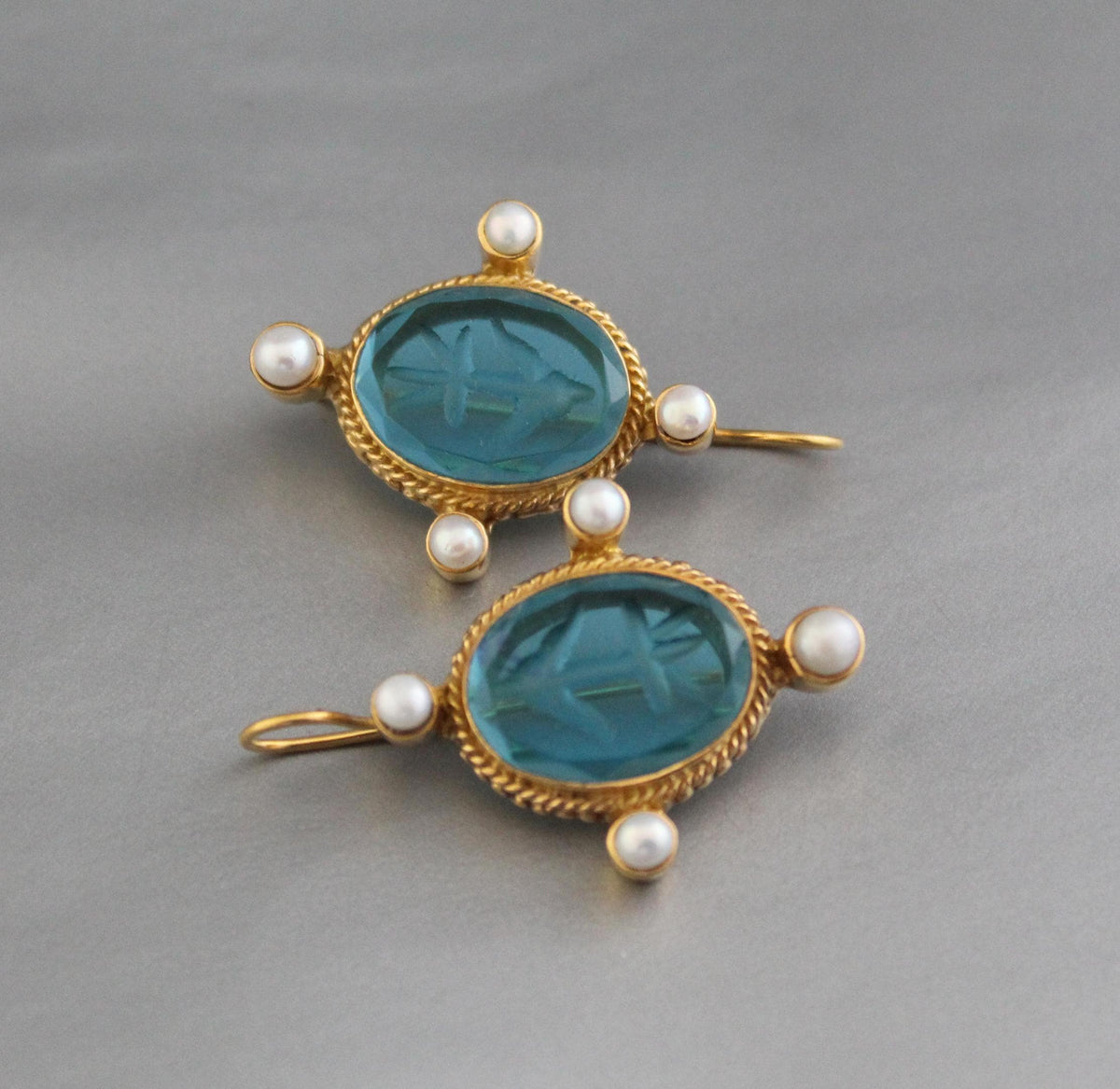 Blue Glass Intaglio Earrings, 1920s Oval Drops, Brass, photo 2