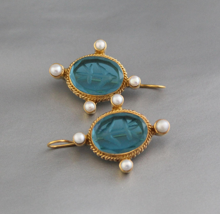 Blue Glass Intaglio Earrings, 1920s Oval Drops, Brass, photo 2