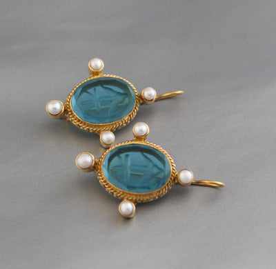 Blue Glass Intaglio Earrings, 1920s Oval Drops, Brass, photo 5