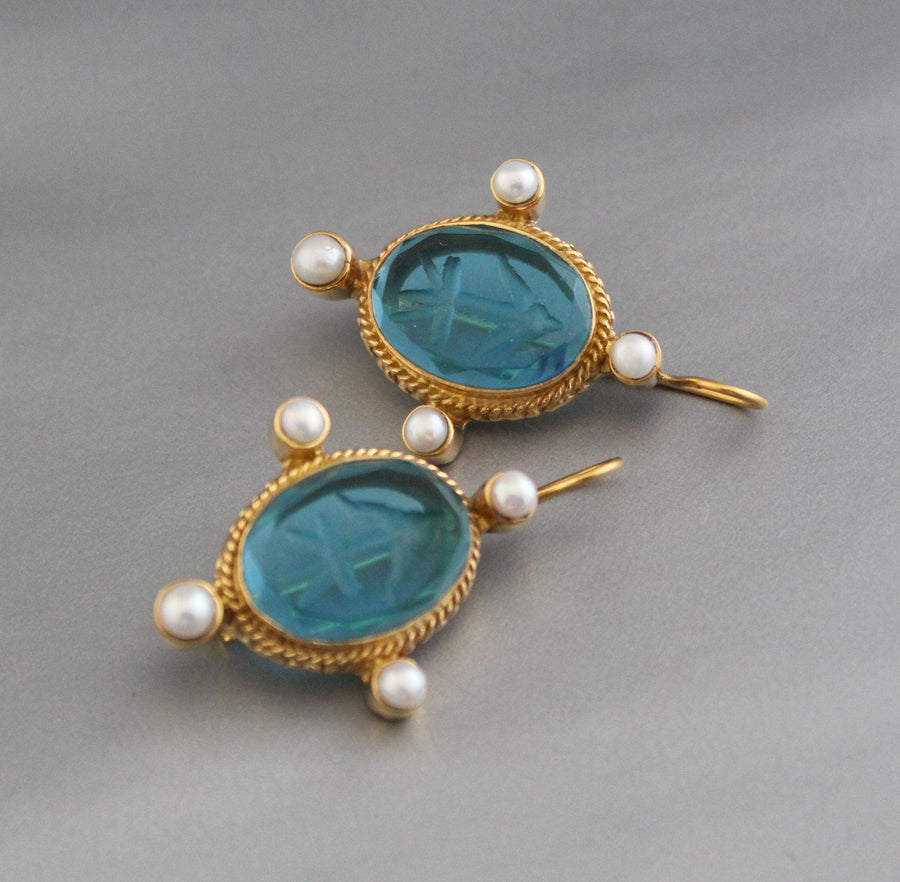 Blue Glass Intaglio Earrings, 1920s Oval Drops, Brass, photo 7