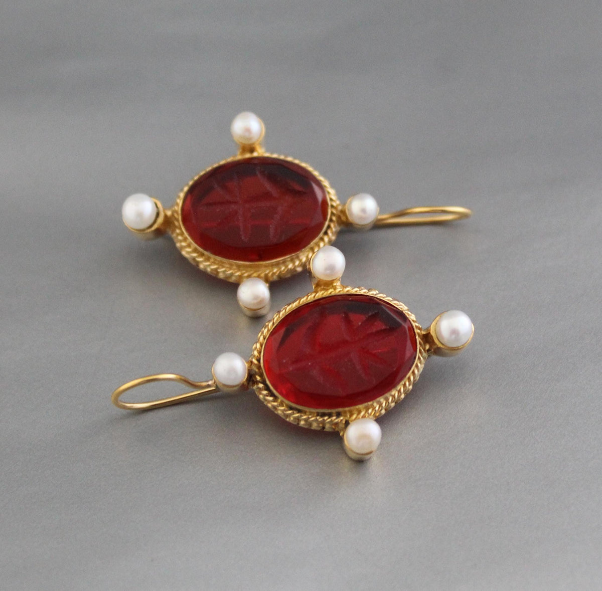 Red Glass Intaglio Earrings, Vintage Victorian Gold with Pearls, photo 6