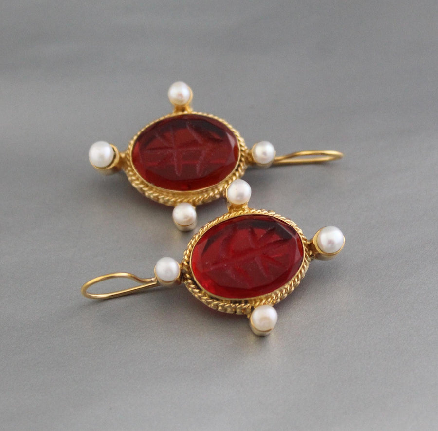 Red Glass Intaglio Earrings, Vintage Victorian Gold with Pearls, photo 6