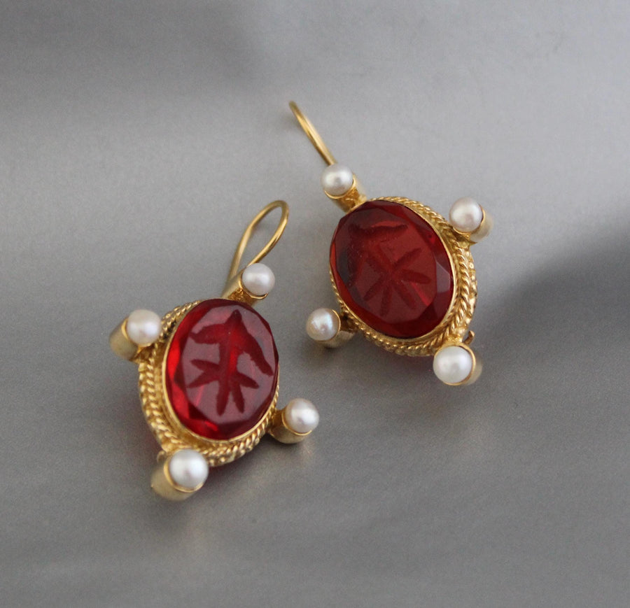 Red Glass Intaglio Earrings, Vintage Victorian Gold with Pearls, photo 4