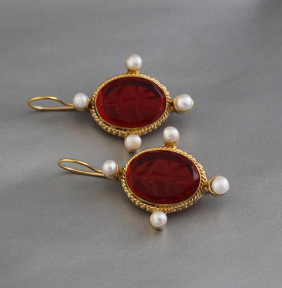 Red Glass Intaglio Earrings, Vintage Victorian Gold with Pearls, photo 2