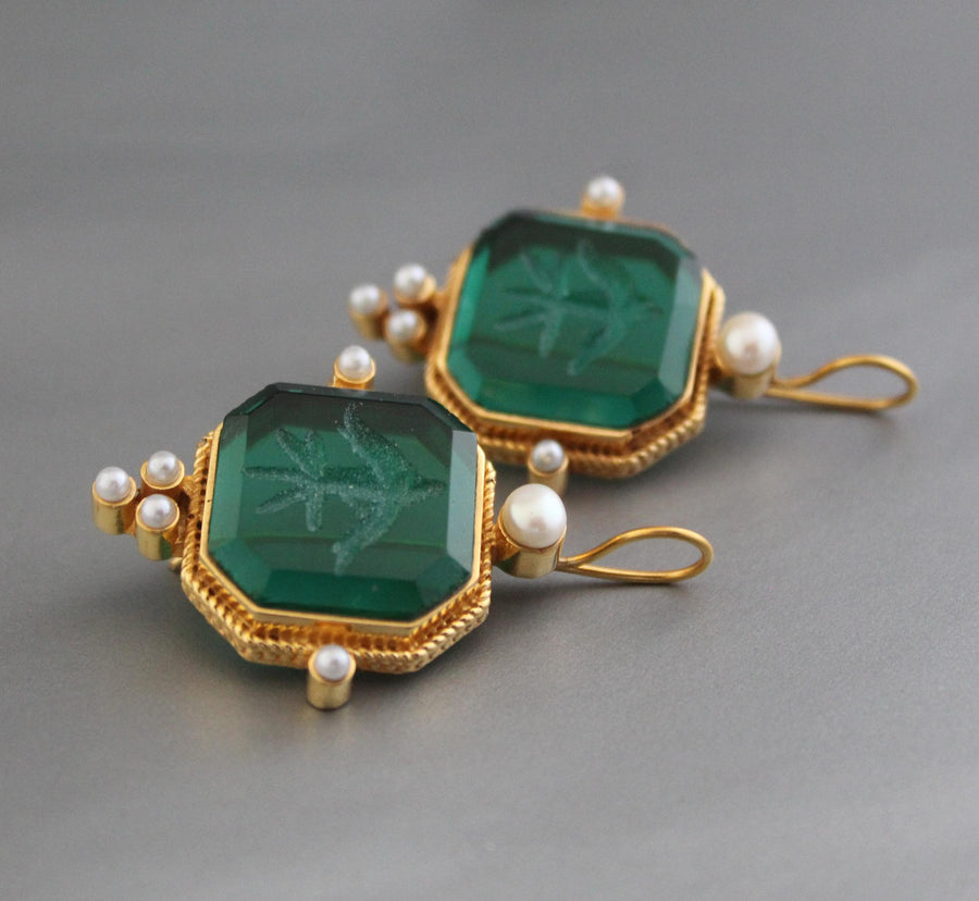Green Square Intaglio Earrings, 1920s Art Deco Style, Gold Plated, photo 6