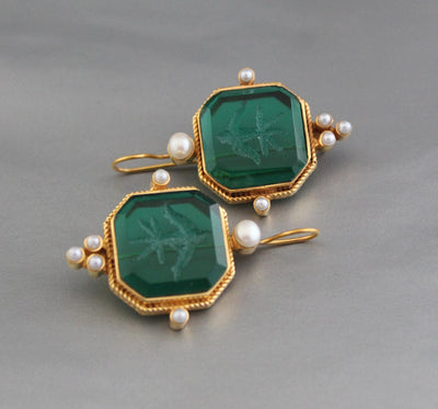 Green Square Intaglio Earrings, 1920s Art Deco Style, Gold Plated, photo 7