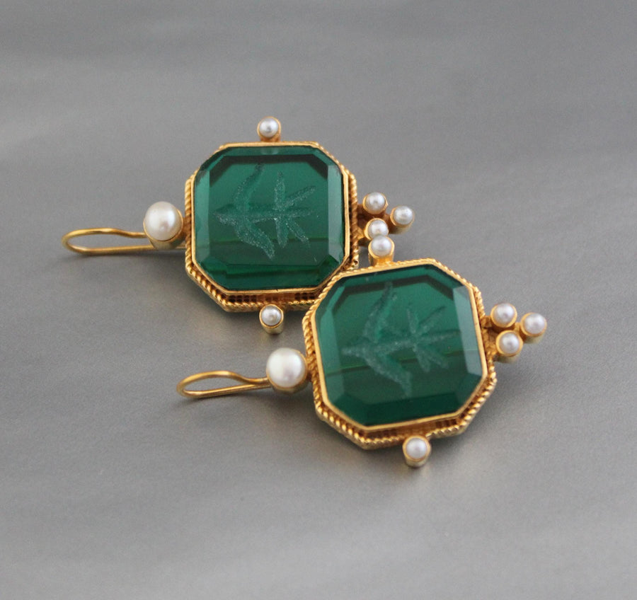 Green Square Intaglio Earrings, 1920s Art Deco Style, Gold Plated, photo 11
