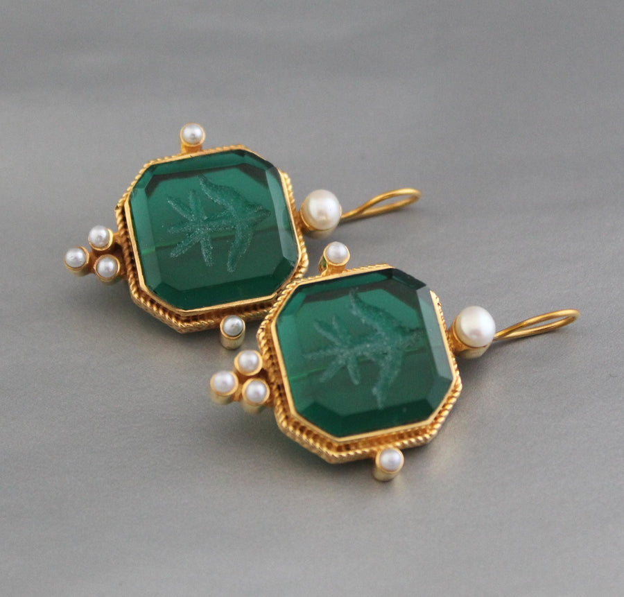 Green Square Intaglio Earrings, 1920s Art Deco Style, Gold Plated, photo 2