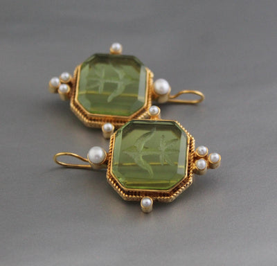 Green Crystal Intaglio Earrings, Victorian Dangles, Gold Brass, photo 6