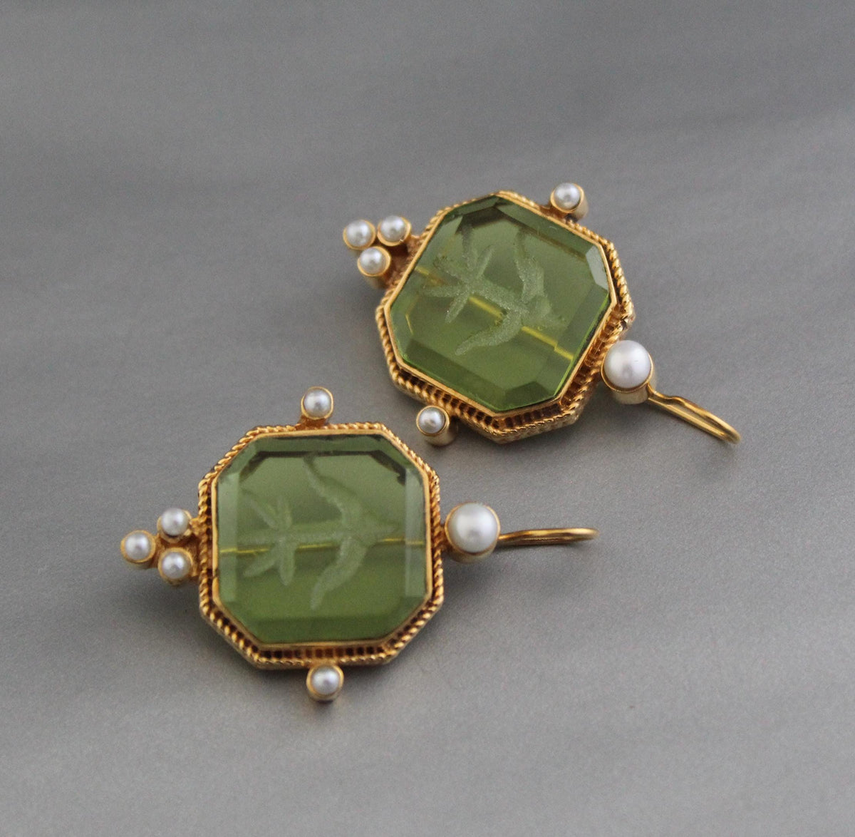 Green Crystal Intaglio Earrings, Victorian Dangles, Gold Brass, photo 7