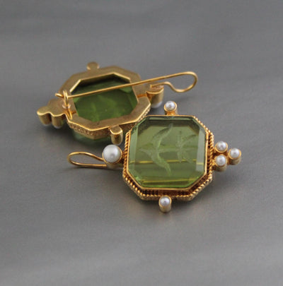 Green Square Intaglio Earrings, 1920s Art Deco Pearl Drops, Gold Plated, photo 6